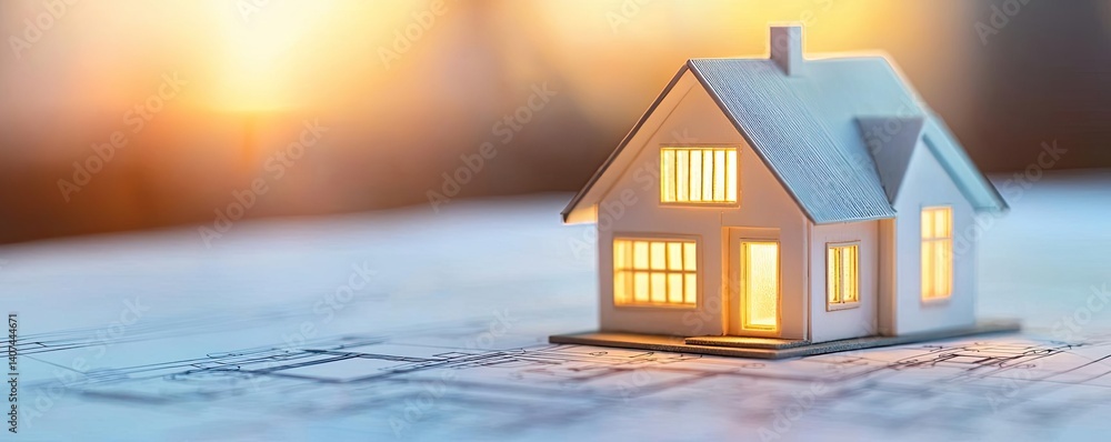 Poster building house on blueprint in a dwelling and architecture concept. a miniature model house glowing 