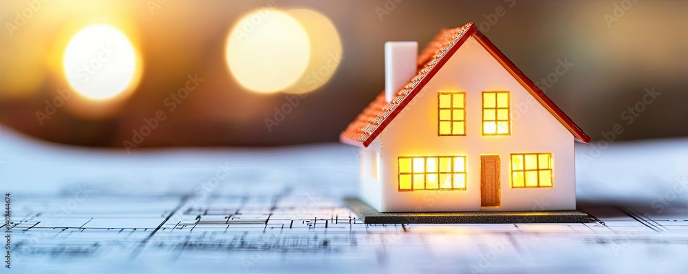 Poster building house on blueprint in a dwelling and architecture concept. miniature house model on bluepri