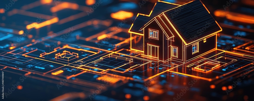 Poster building house on blueprint in a dwelling and architecture concept. digital house design on a tech b