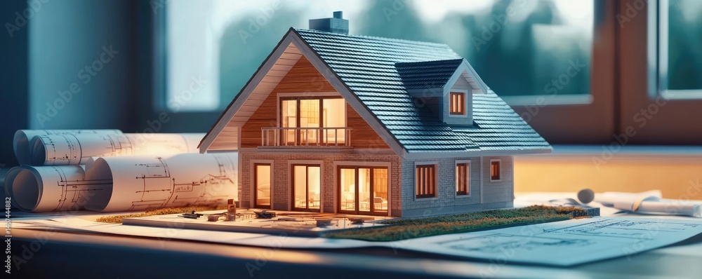 Poster building house on blueprint inside architecture and plan concept. a cozy model house illuminated by 