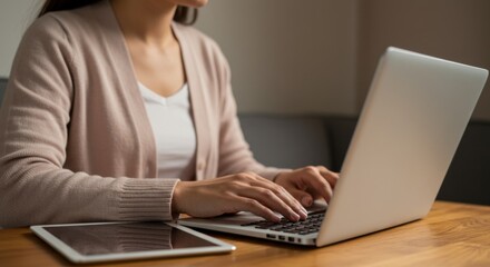Woman working on laptop and tablet with focused productivity in a cozy environment