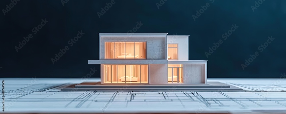 Poster building house on blueprint featuring construction and dwelling concept. a modern architectural mode
