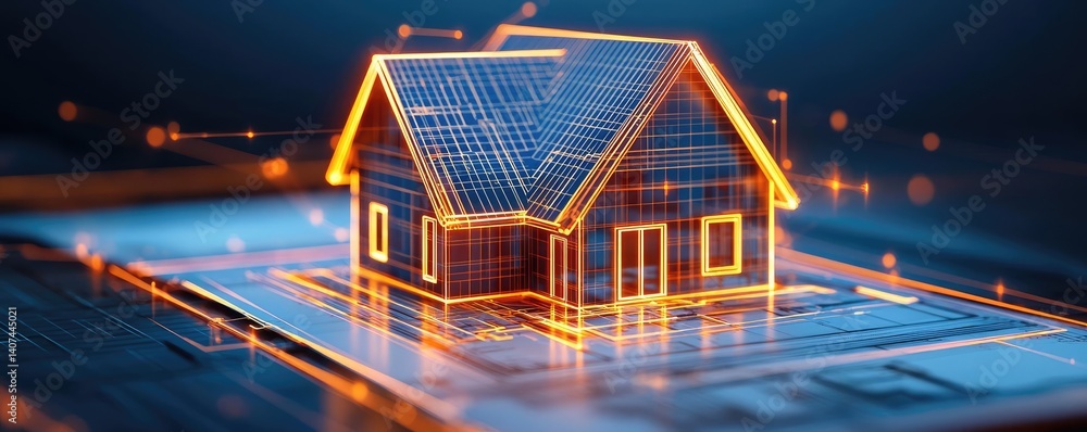 Poster building house on blueprint in a dwelling and architecture concept. futuristic house design with glo