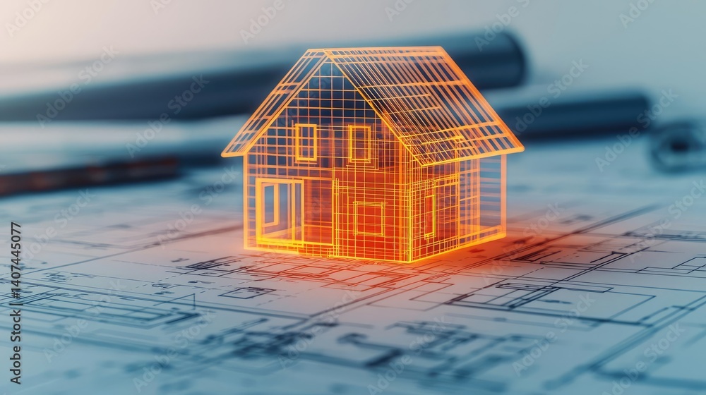 Aufkleber building house on blueprint inside architecture and plan concept. a conceptual 3d model of a house o