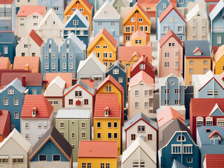 Houses in tessellating patterns forming a neighborhood with various hues