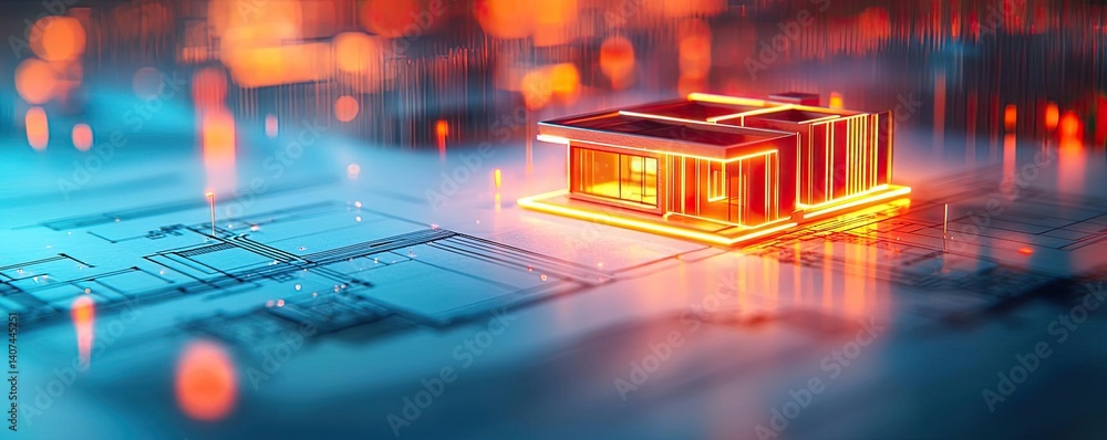 Poster building house on blueprint inside architecture and plan concept. 3d model of a modern building on a