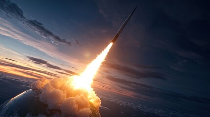 Missile launch over Earth at sunrise