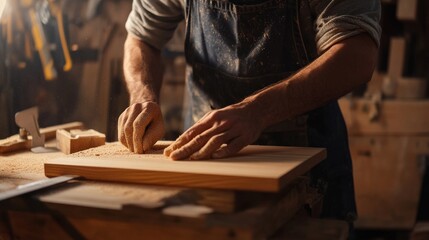 Carpenter sanding a wooden shelf in a workshop. Featuring attention to detail and craftsmanship