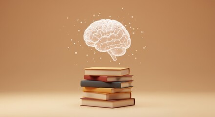 Creative concept of knowledge and education with glowing brain and books on beige background