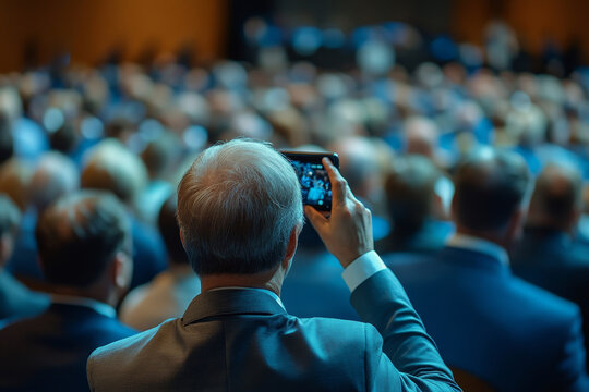 Audience at a business conference. Person taking photo with smart phone