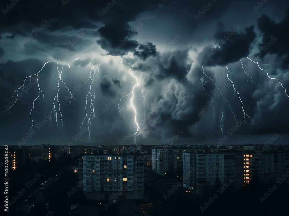 Poster thunder clouds build as lightning veins branch and rain falls in curtains from a dark sky