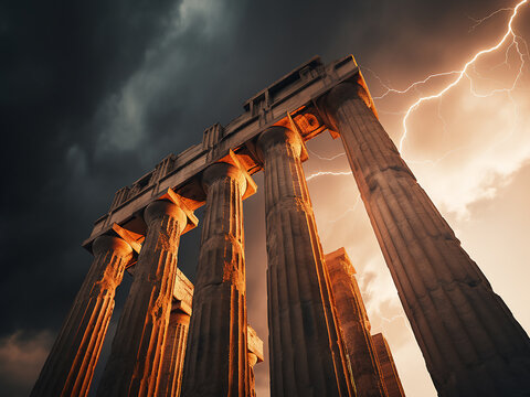 Towering thunderheads create columns illuminated by afternoon light