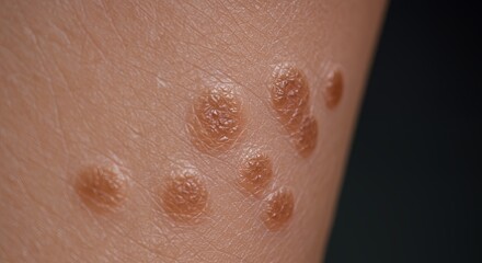 Fototapeta premium Detailed View of Solar Lentigines on Pale Skin: Close-up Medical Image Showing Brown, Raised Skin Lesions