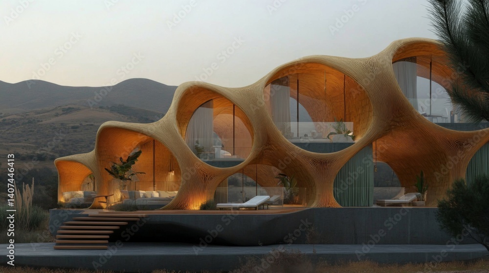 Aufkleber A striking modern structure highlights sustainable architecture using biomaterials and recycling methods, set against a backdrop of rolling hills at dusk, emphasizing innovation in ecofriendly design.