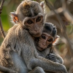 Adorable Smiling Baby Monkey Snuggling with Its Loving Mother in the Heart of the Jungle