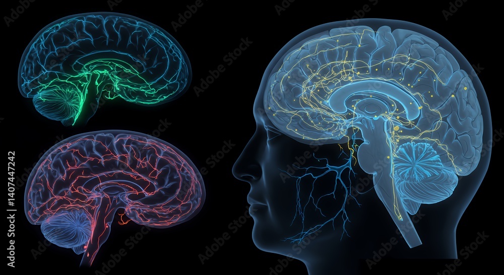 Poster human brain neural pathways 3d rendering: detailed anatomy visualization with color-coded networks