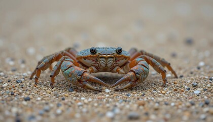 砂浜カニ 鮮やか青緑色 穏やか表情