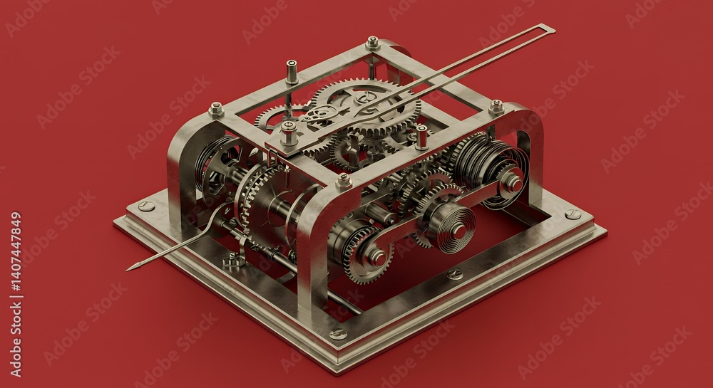 Poster intricate silver clockwork mechanism 3d render on red background