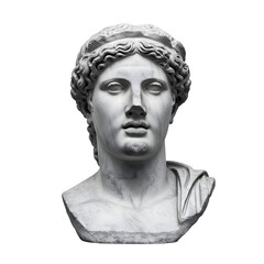 Majestic Carved Marble Greek Bust with Curly Hair Isolated on PNG Background.
