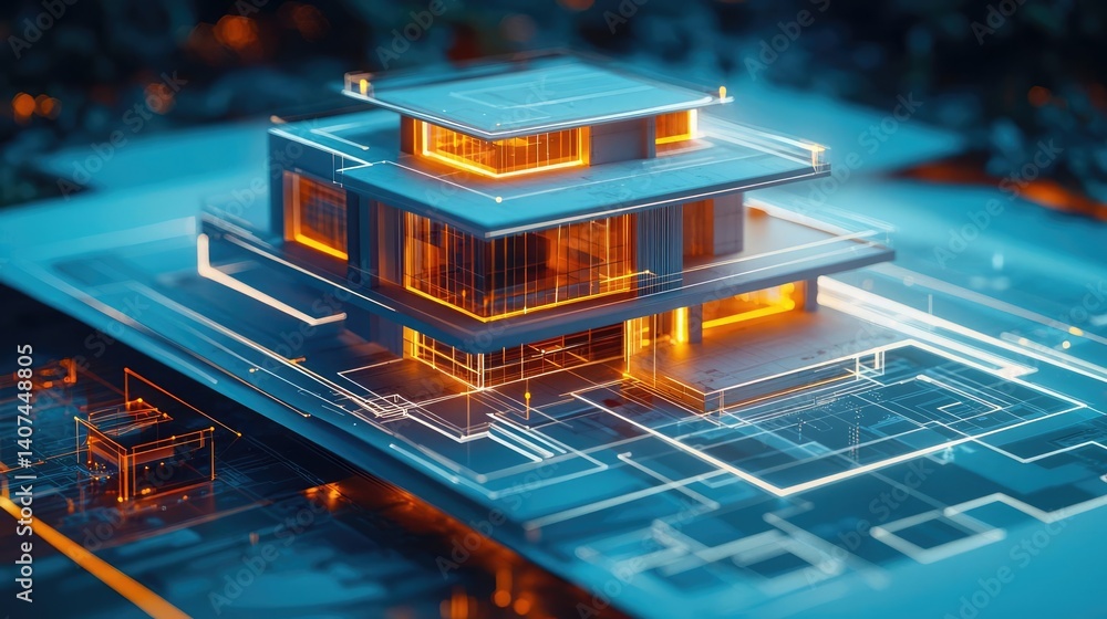 Poster building house on blueprint in a dwelling and architecture concept. futuristic building design with 