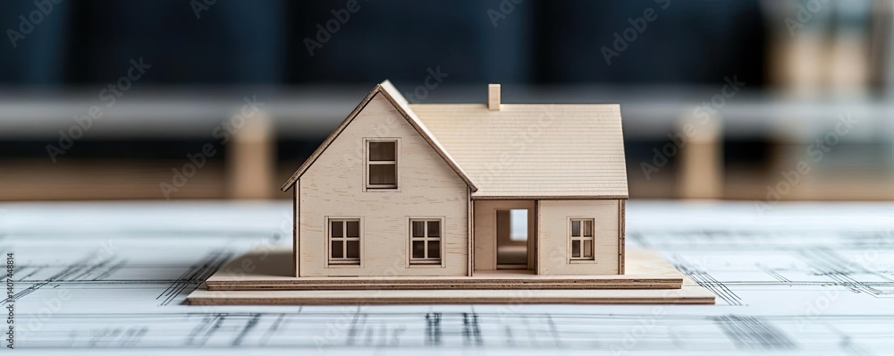 Aufkleber building house on blueprint inside architecture and plan concept. a wooden model house on architectu