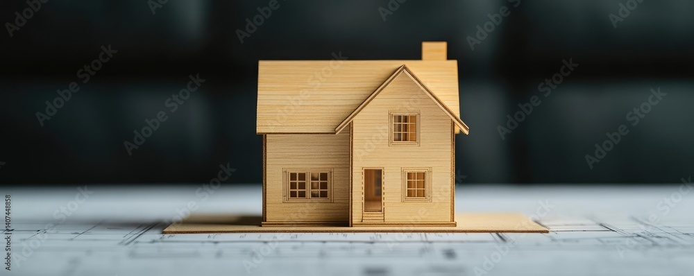 Poster building house on blueprint inside architecture and plan concept. miniature wooden house model on ar