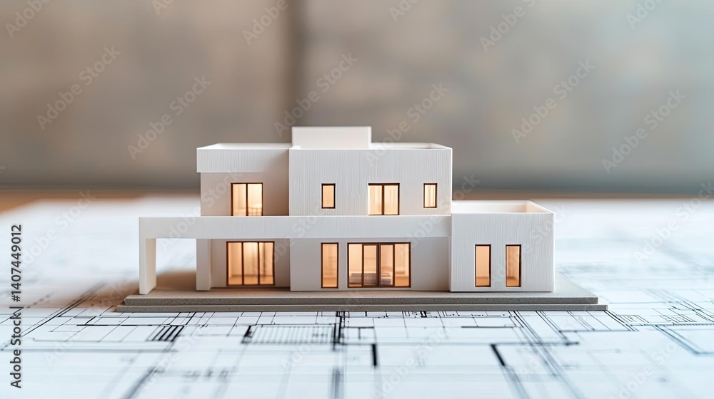 Poster building house on blueprint inside architecture and plan concept. a detailed architectural model sho