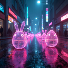 large neon eggs on the streets of the city on Easter day, street decoration