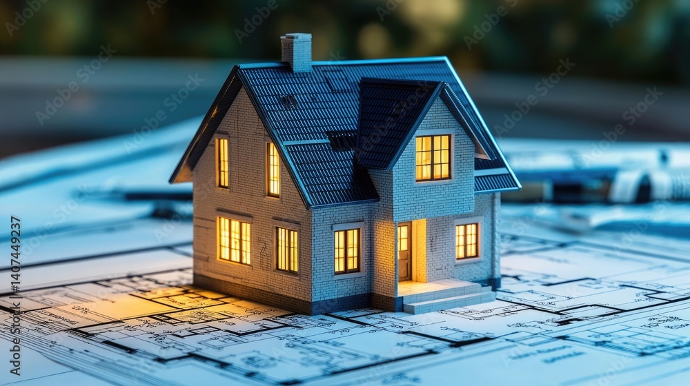 Poster building house on blueprint in a dwelling and architecture concept. a miniature house model illumina