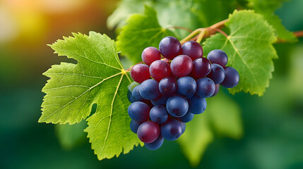 Ripe red and blue grapes on vine with green leaves