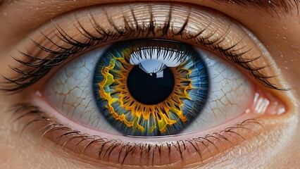 Detailed Human Eye Close-up with Striking Blue and Gold Patterned Iris