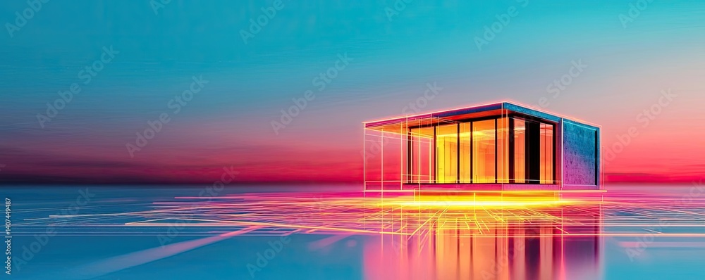 Poster building house on blueprint in a dwelling and architecture concept. a modern glass structure reflect