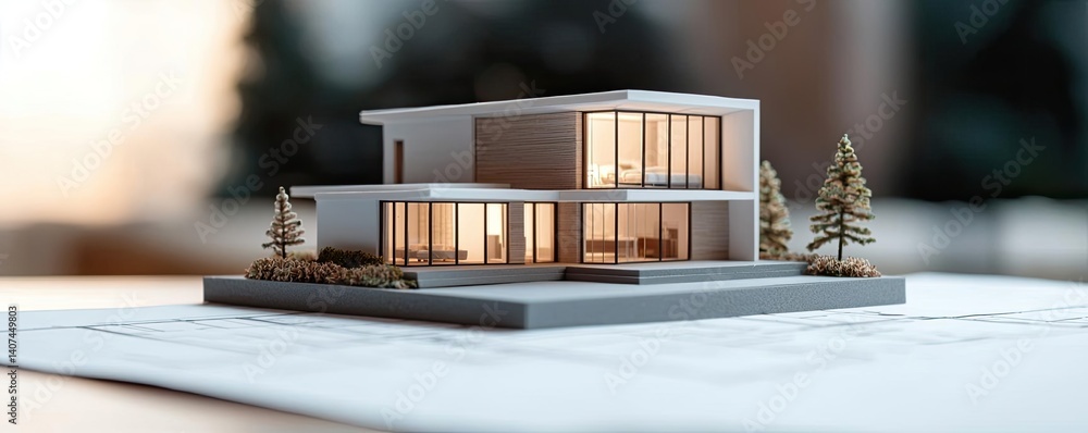 Poster building house on blueprint inside architecture and plan concept. stylish modern house model on arch