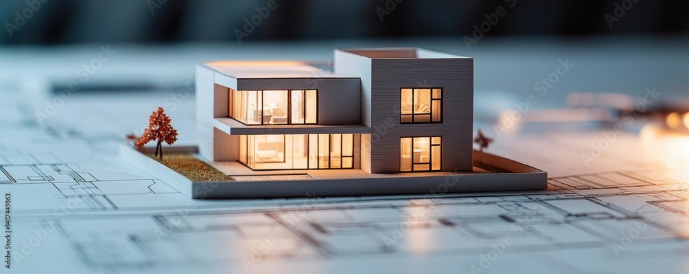 Poster building house on blueprint inside architecture and plan concept. modern architectural model on blue