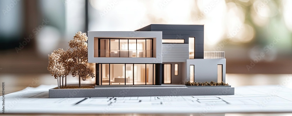 Poster building house on blueprint inside architecture and plan concept. stylish model of a modern home sho