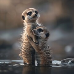 Charming Cute Baby Meerkats Playfully Exploring Their Habitat, Full of Curiosity and Joy