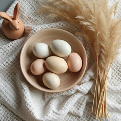 a still life of a bright Easter, eggs in a basket on a table with flowers, the aesthetics of minimalism