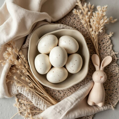a still life of a bright Easter, eggs in a basket on a table with flowers, the aesthetics of minimalism