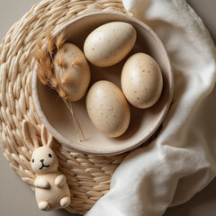 a still life of a bright Easter, eggs in a basket on a table with flowers, the aesthetics of minimalism