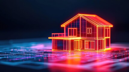 Building house on blueprint featuring construction and dwelling concept. Futuristic digital house model glowing in neon colors.