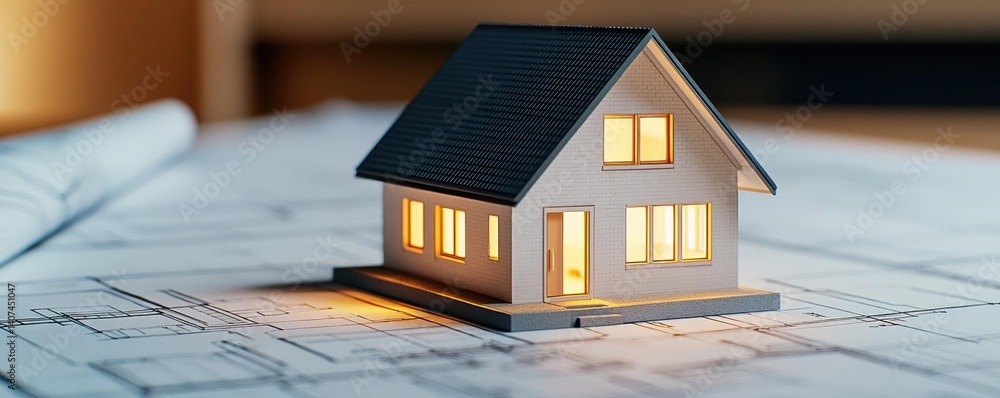 Poster building house on blueprint inside architecture and plan concept. a miniature house model illuminate