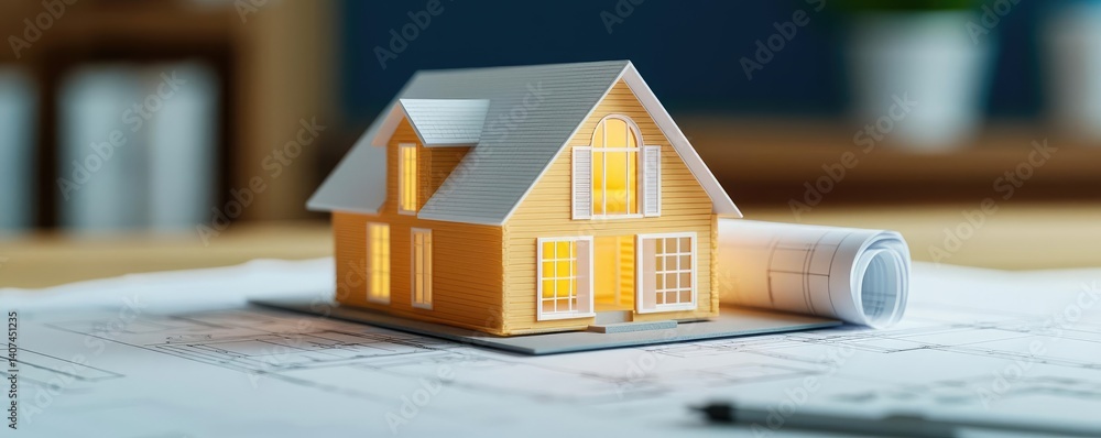 Poster building house on blueprint inside architecture and plan concept. a model house illuminating archite