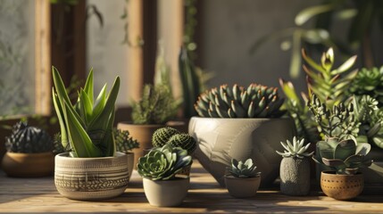 Obraz premium Collection of small succulents and cacti in decorative pots on sunny windowsill