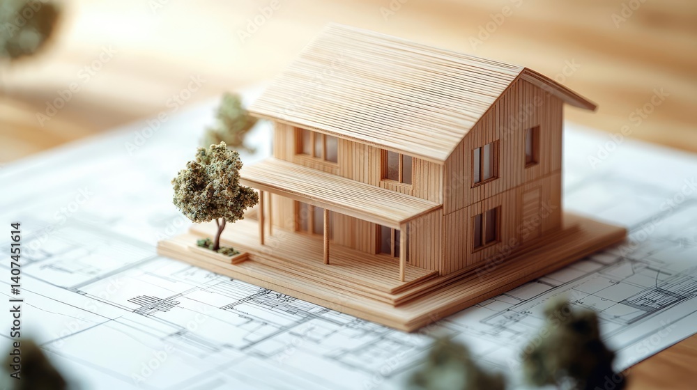 Poster building house on blueprint inside architecture and plan concept. a wooden model house on architectu