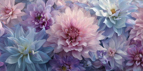 Close-up of pastel pink and blue dahlia flowers, showcasing soft petals and delicate texture, representing serenity, beauty, and floral elegance, ideal for design projects