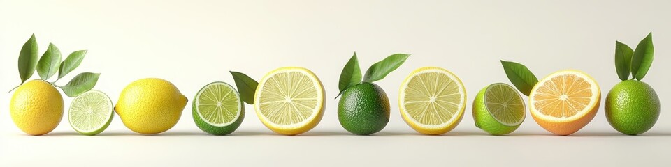 Fresh Citrus Display with Bright Lemons, Limes, Oranges, and Greens on Soft Background, Showcasing Natural Colors and Textures of Fruity Delights