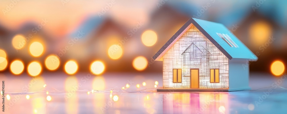 Aufkleber building house on blueprint inside architecture and plan concept. a charming miniature house with a 