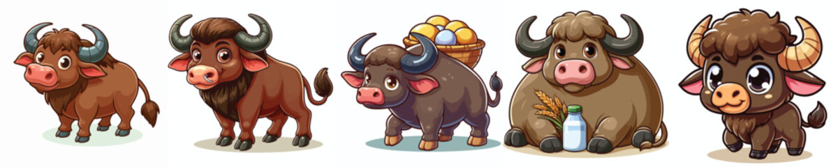 Collection of cartoon style buffalo farm animal images on white background
