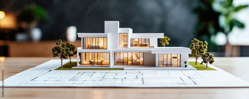 Poster building house on blueprint featuring construction and dwelling concept. modern architectural model 