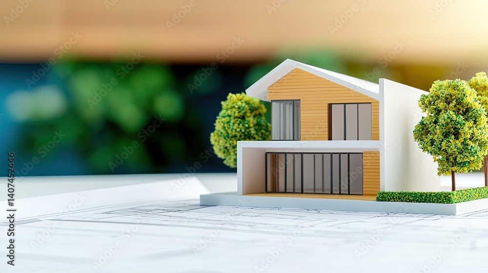 Poster building house on blueprint featuring construction and dwelling concept. model house design with det